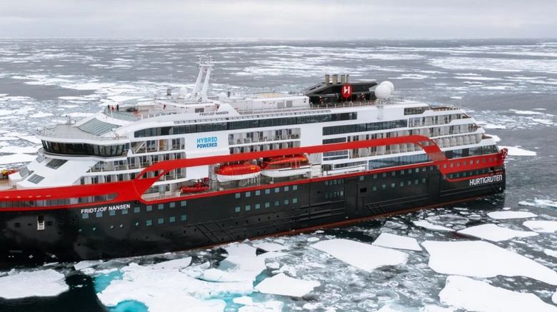 Hurtigruten expedition vessel navigating Arctic or Antarctic waters